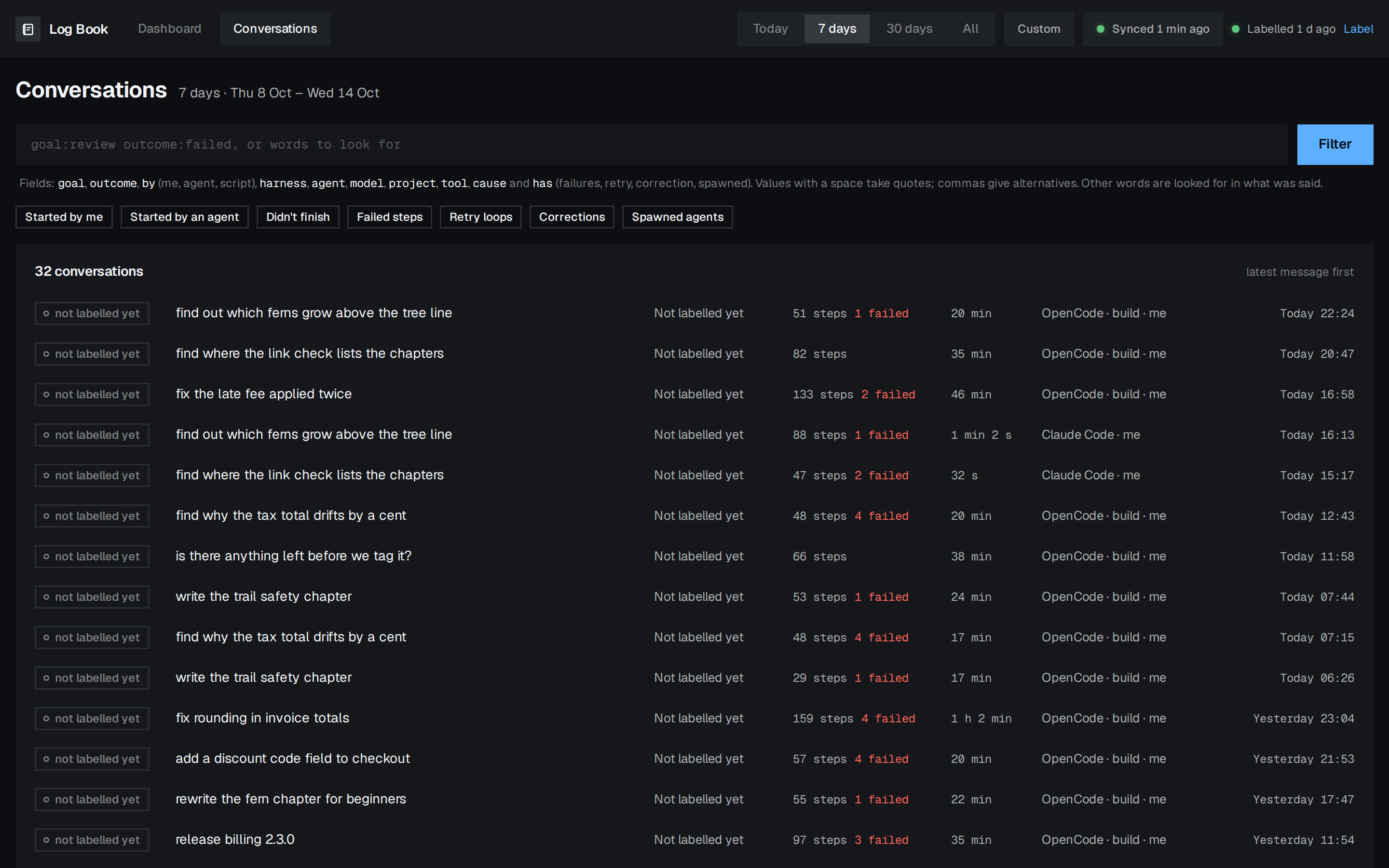 The list of conversations, newest first, with their goals and outcomes