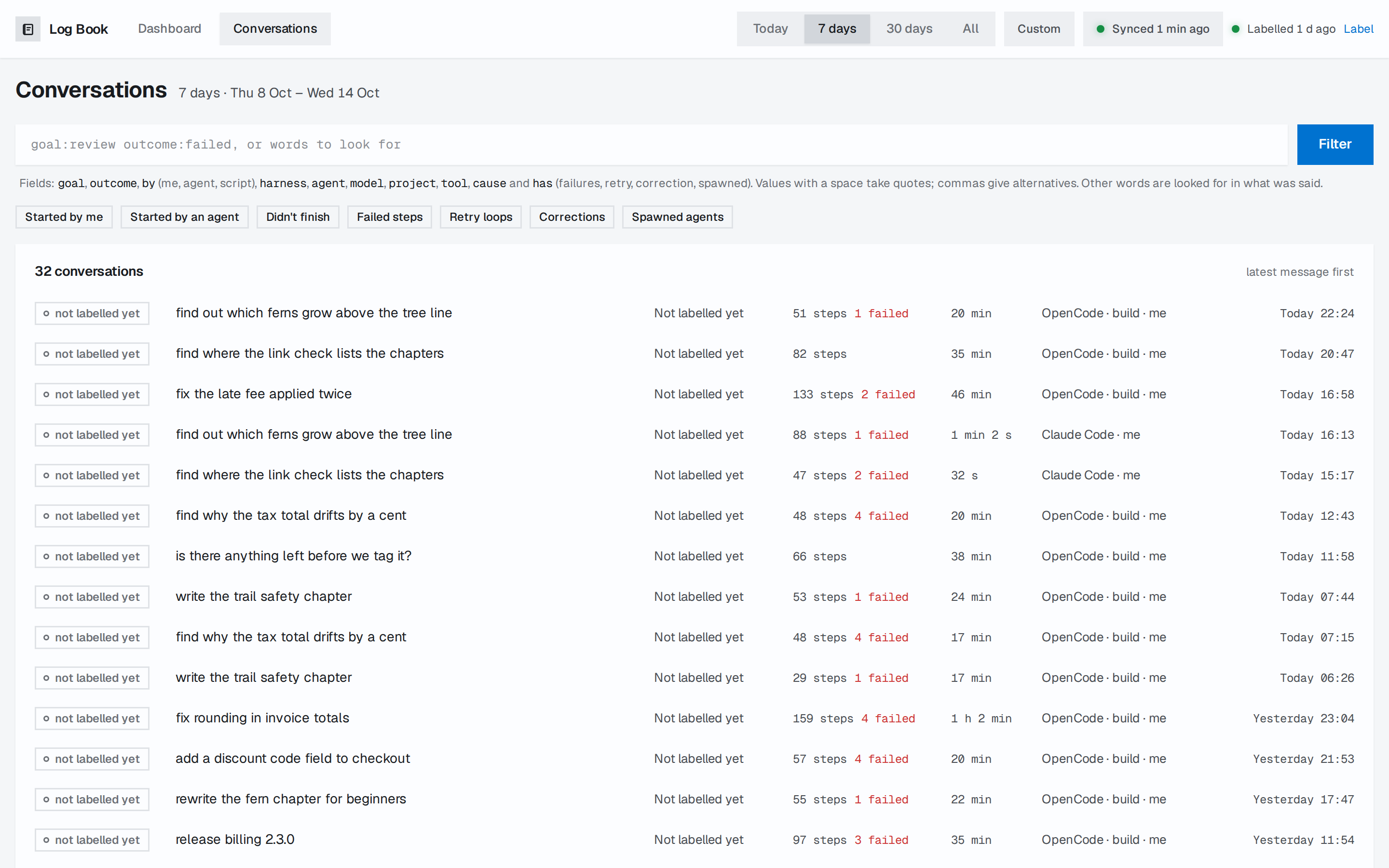 The list of conversations, newest first, with their goals and outcomes